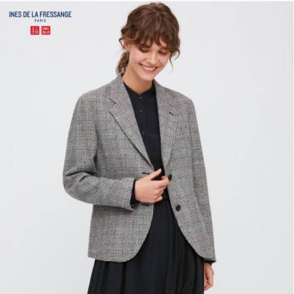 UNIQLO x Ines de la Fressange Grey Plaid Wool Blend Tweed Blazer Jacket Preppy M